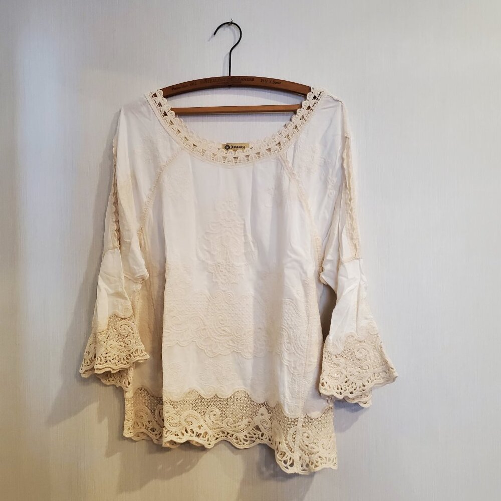 Democracy Shirt Women's S Neutral Embroidered Lace Bohemian Boho